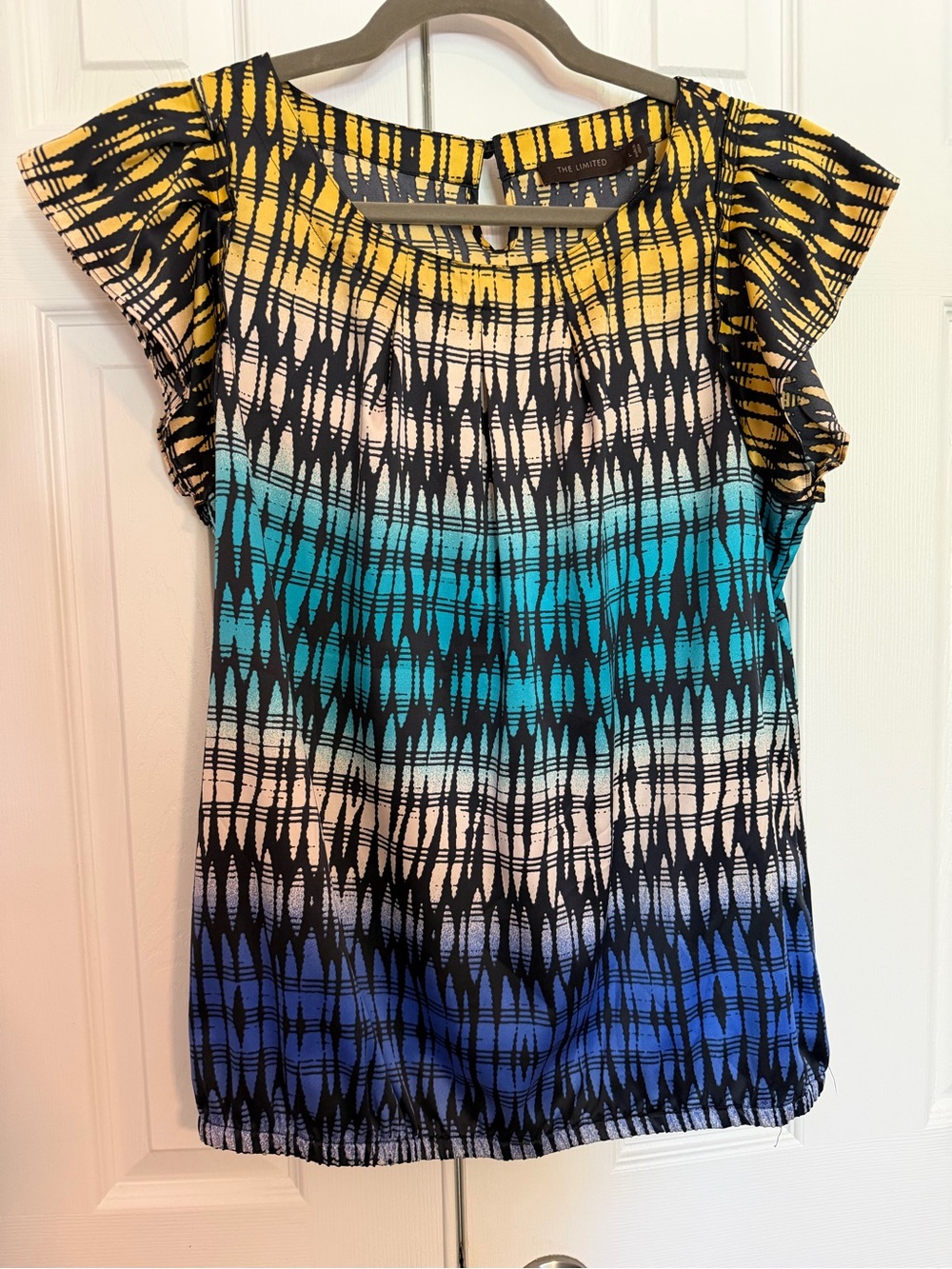 The Limited Yellow Teal Blue Ombre Geometric Cap-Sleeve Top